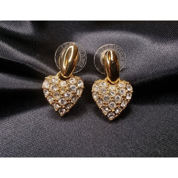 Vintage Swarovski Gold-Tone Crystal Heart Earrings - Picture 3 of 5